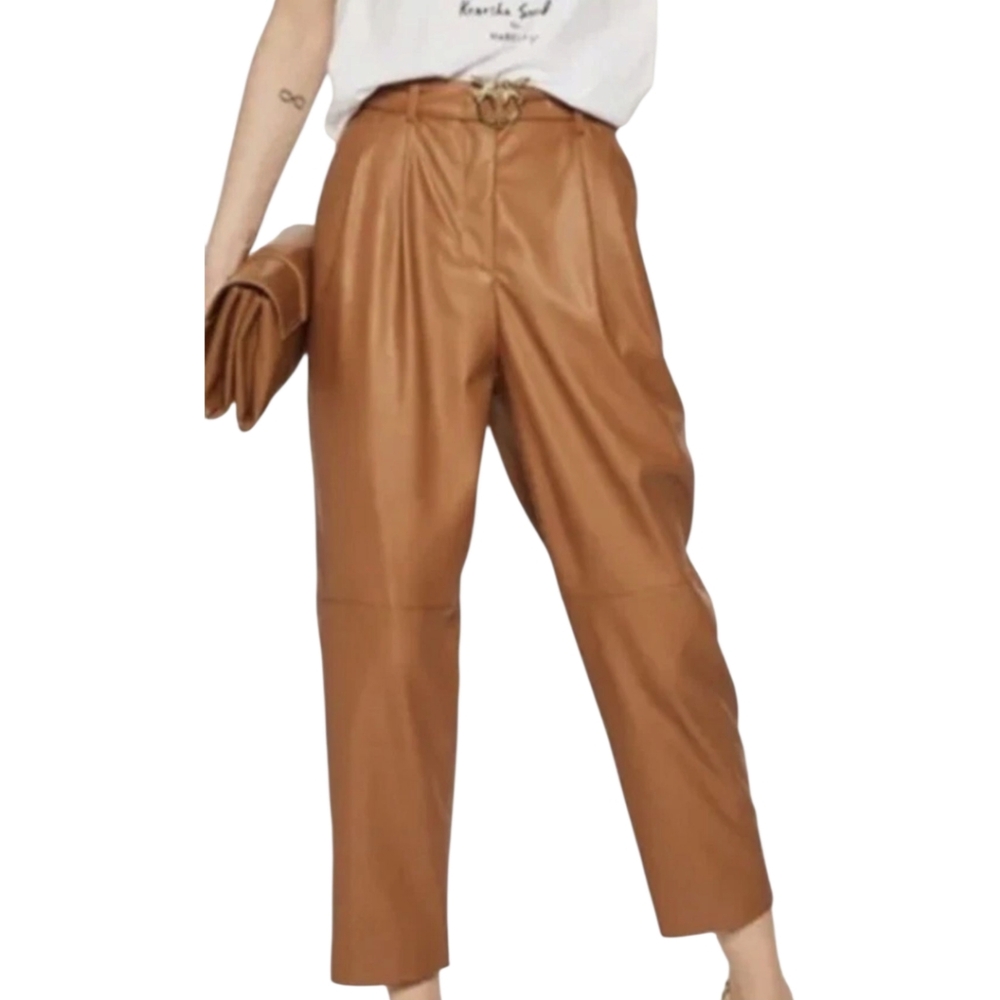 Pinko Italian Raphaela Gold Bird Brown Trousers Size IT 36/US 0 Faux Leather